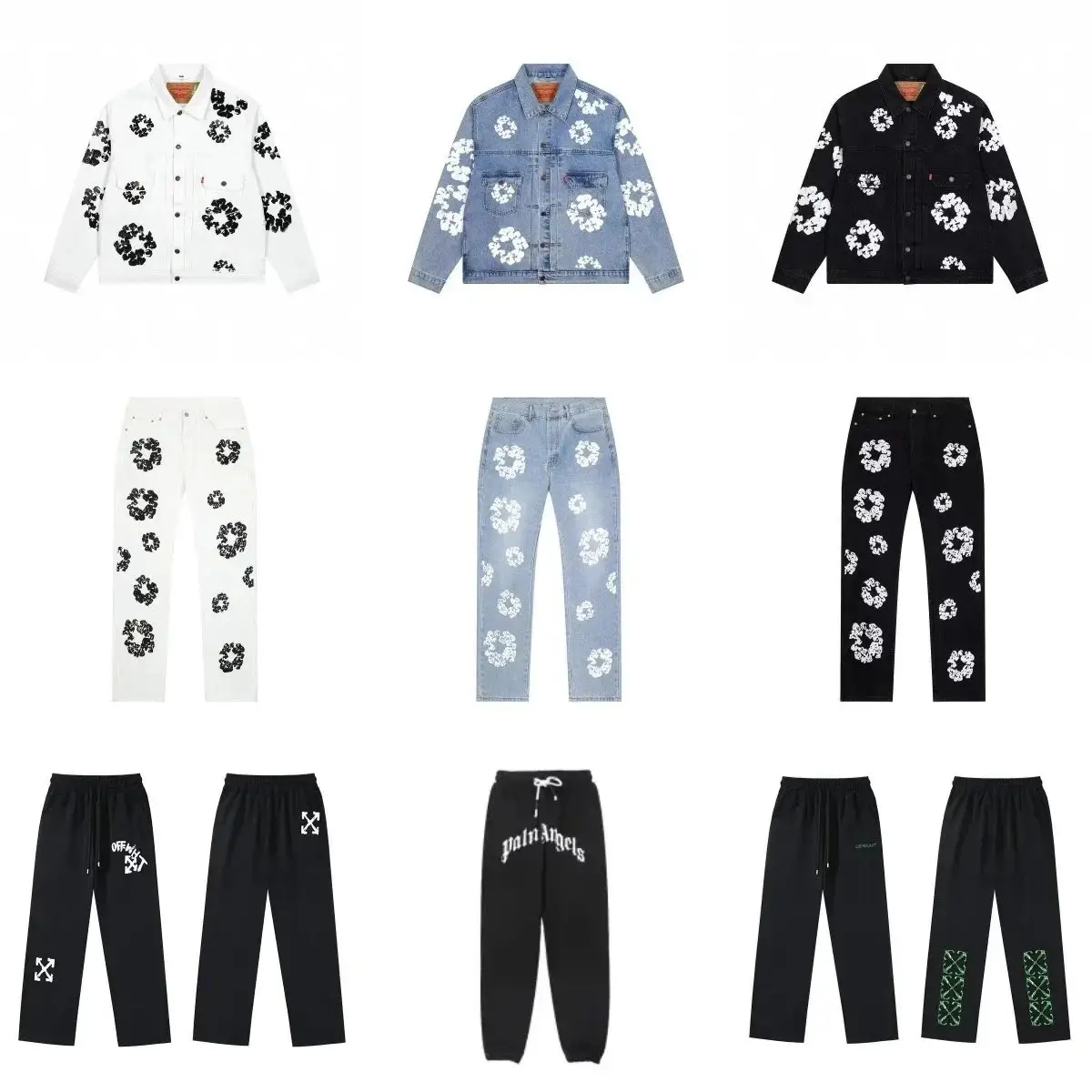 Off-White Flower Print Denim Jacket and Jeans Set [White/Blue/Black Options]