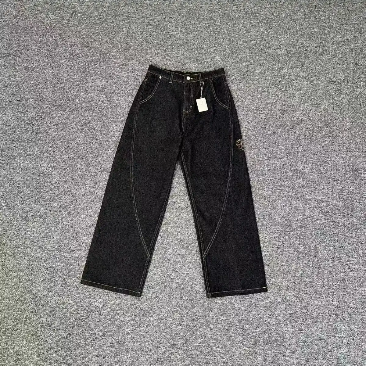 Mertra [Model Name Not Visibly Identifiable] Wide Leg Denim Pants with Embroidered Logo [3 styles]