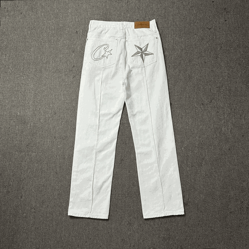 Corteiz Denim Set - White Jeans with Embroidered Star Detail