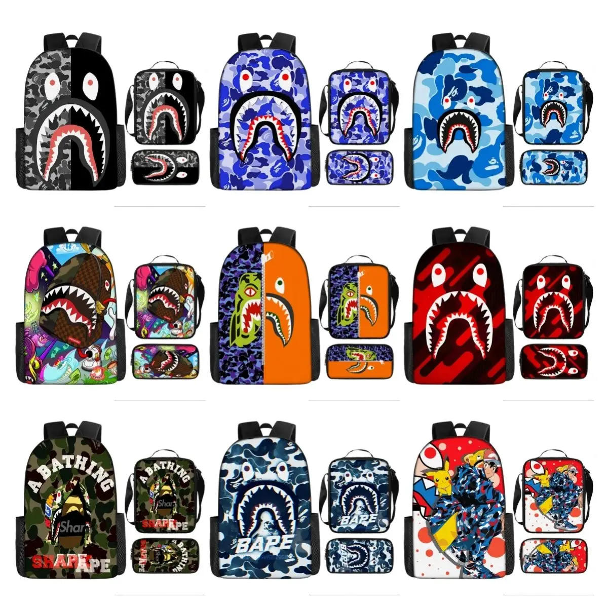 Bape Shark-Themed Three-Piece Backpack Set