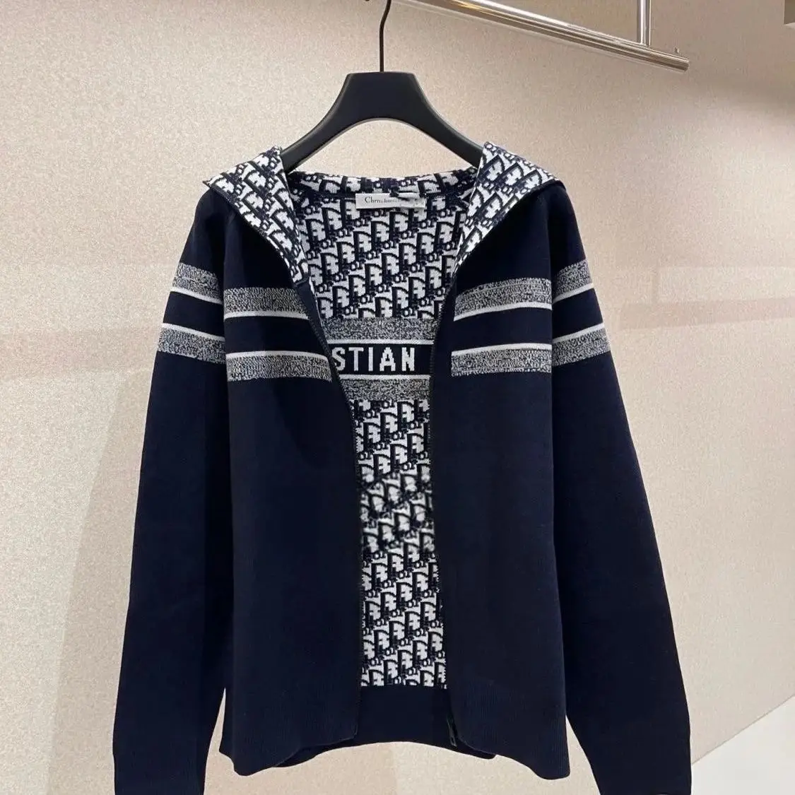 Dior Jacquard Zip-Up Hooded Cardigan Sweater